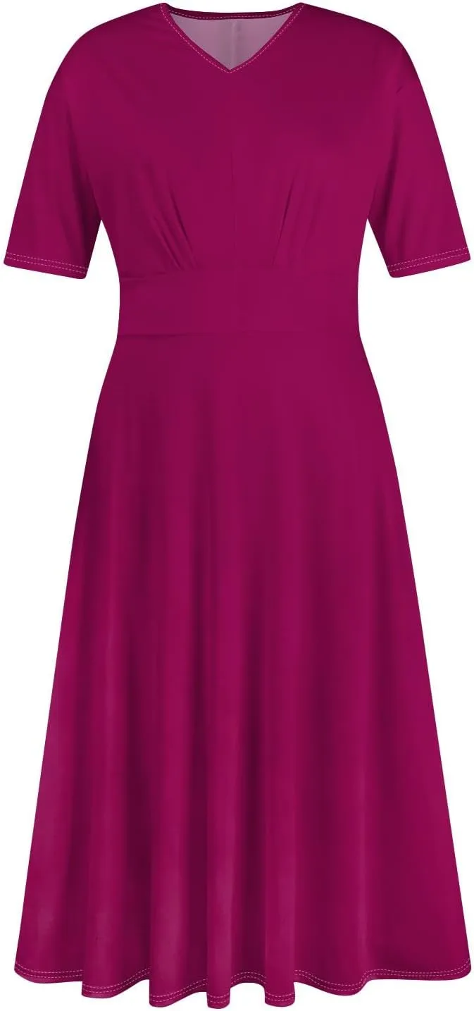 Womens Summer Dresses Summer Casual V-Neck Short Sleeve Dress Aline Beach Tshirt Dress Flowy Solid Color Midi Dresses