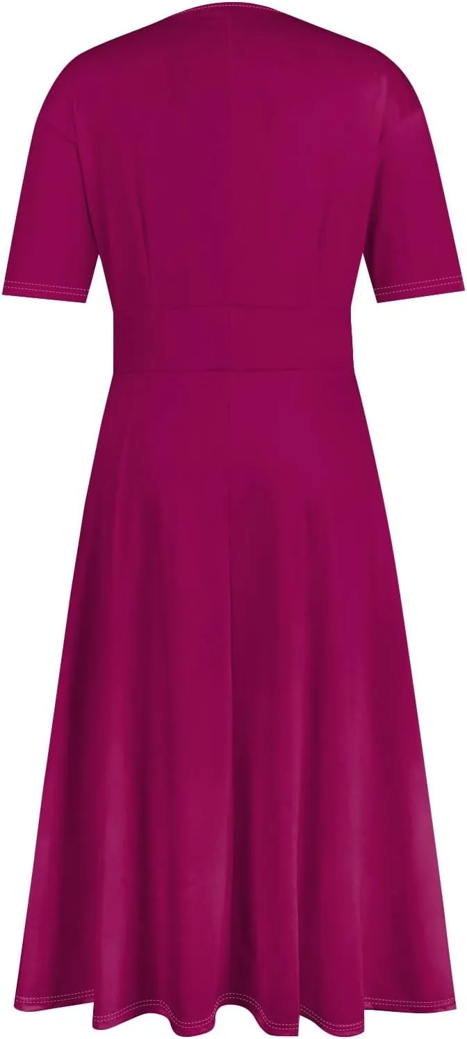 Womens Summer Dresses Summer Casual V-Neck Short Sleeve Dress Aline Beach Tshirt Dress Flowy Solid Color Midi Dresses