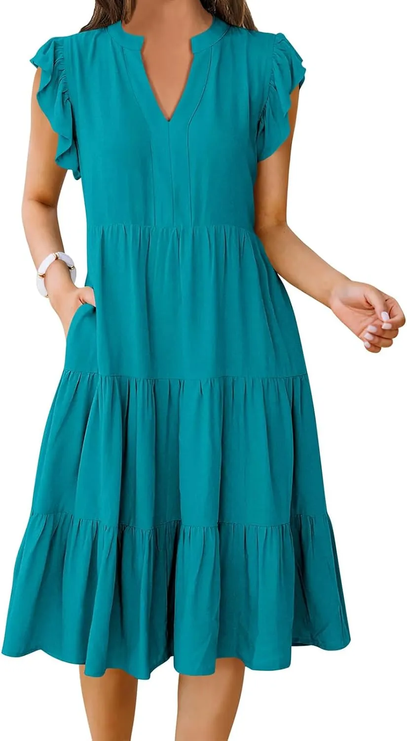 Womens Summer Short Sleeve Casual Dresses V-Neck A Line Work Formal Wedding Guest Midi Dress