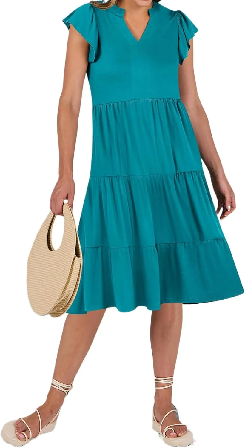 Womens Summer Short Sleeve Casual Dresses V-Neck A Line Work Formal Wedding Guest Midi Dress