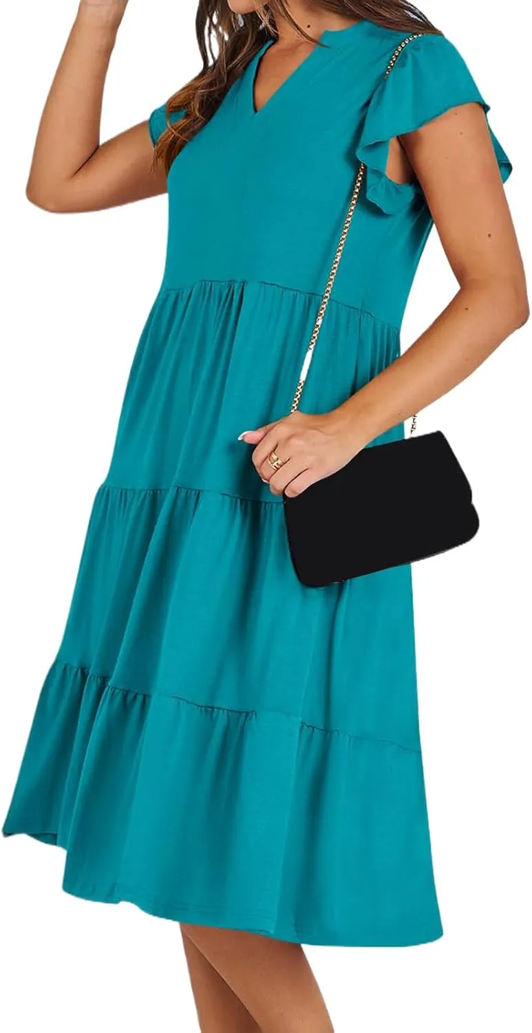Womens Summer Short Sleeve Casual Dresses V-Neck A Line Work Formal Wedding Guest Midi Dress