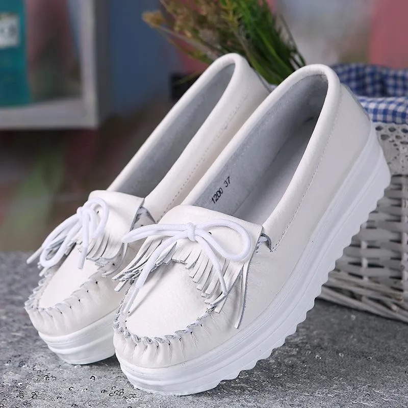 Women's white slip on platform wedge tassels loafers shoes