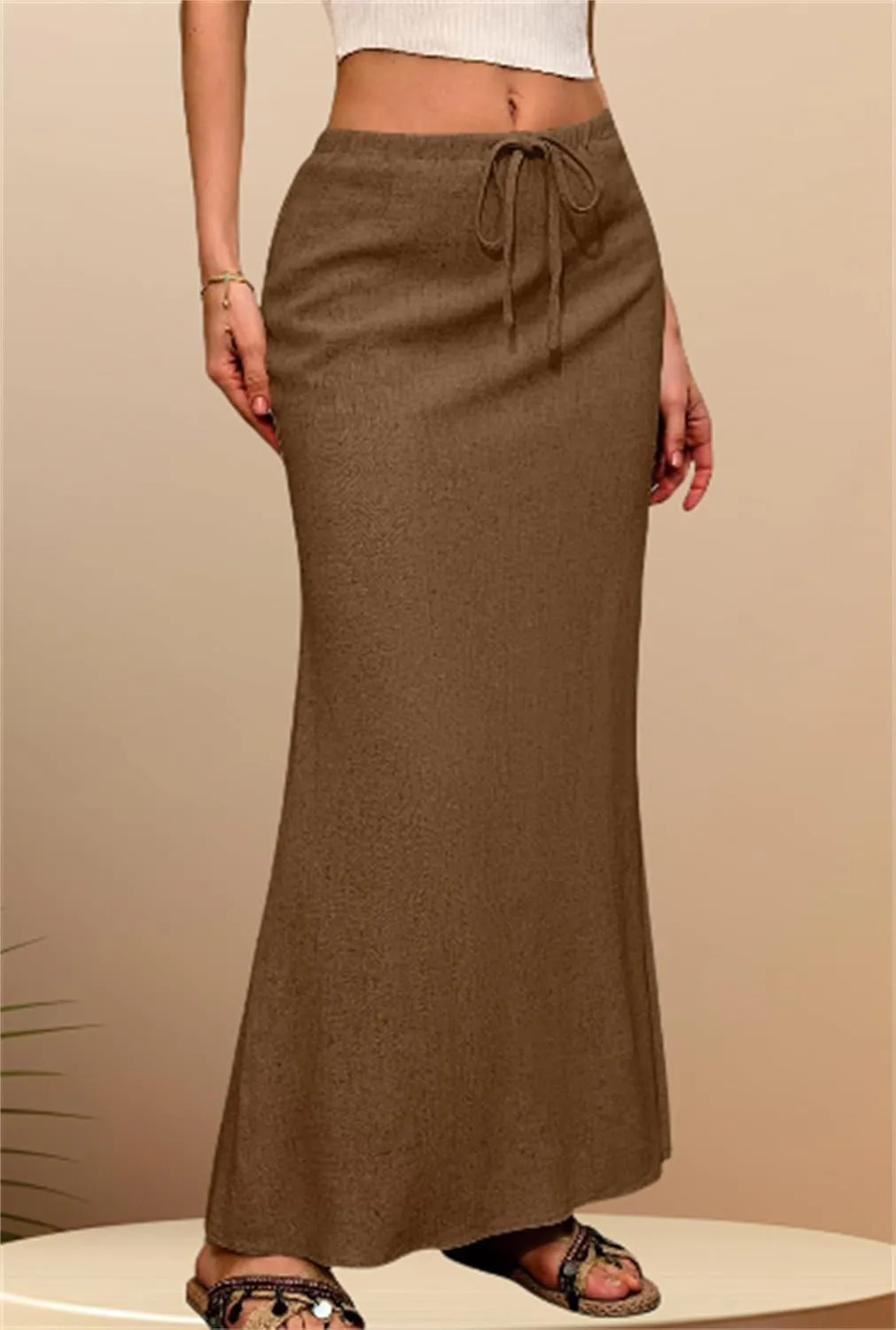 Wrap Linen Maxi Skirts for Women Summer Solid Drawstring Elastic Waist,Drawstring Long Flowy Ankle-Length Skirts