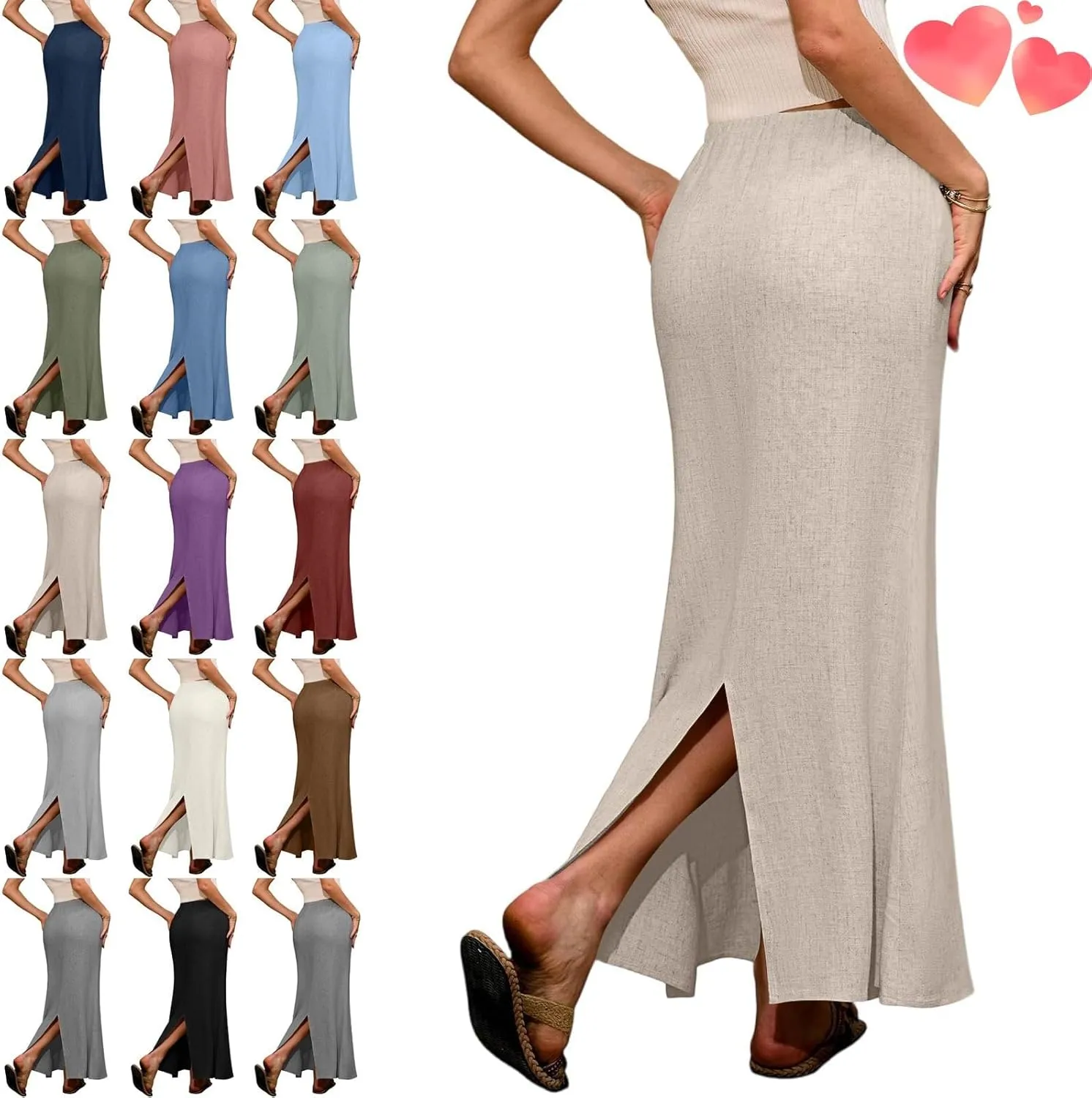 Wrap Linen Maxi Skirts for Women Summer Solid Drawstring Elastic Waist,Drawstring Long Flowy Ankle-Length Skirts