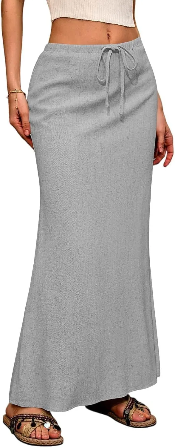 Wrap Linen Maxi Skirts for Women Summer Solid Drawstring Elastic Waist,Drawstring Long Flowy Ankle-Length Skirts