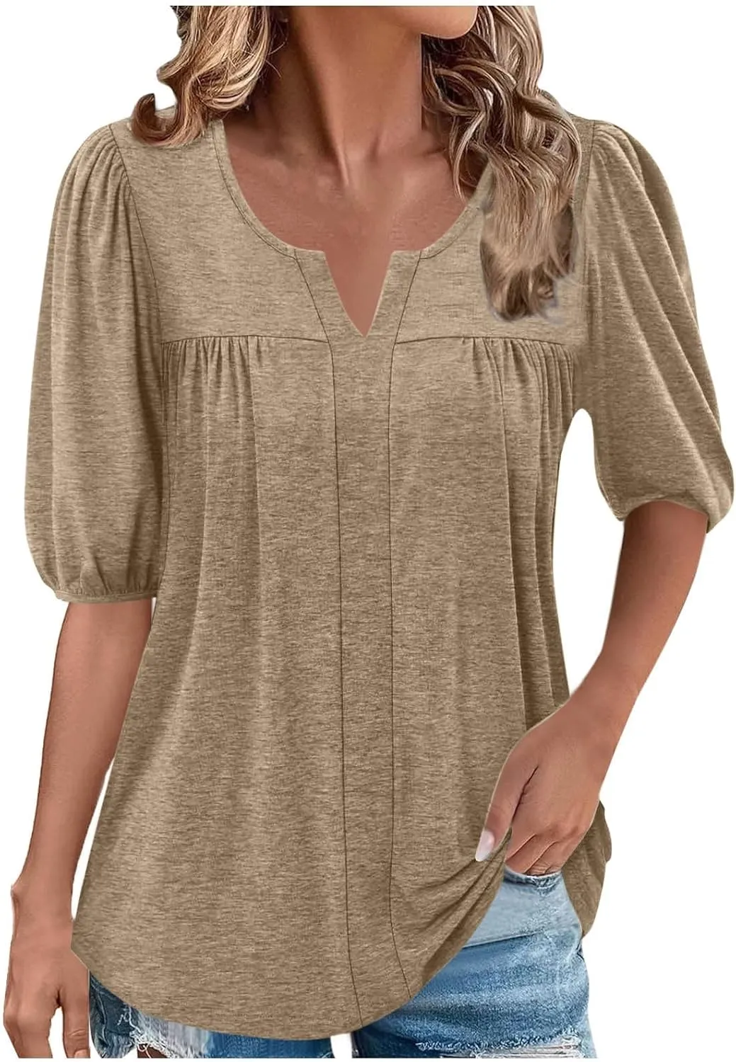 Xiaojmake Womens Summer Casual Tunic Tops Dressy 2025 Short Sleeve Pleated Trendy Shirts Casual Flowy Blouse for Leggings